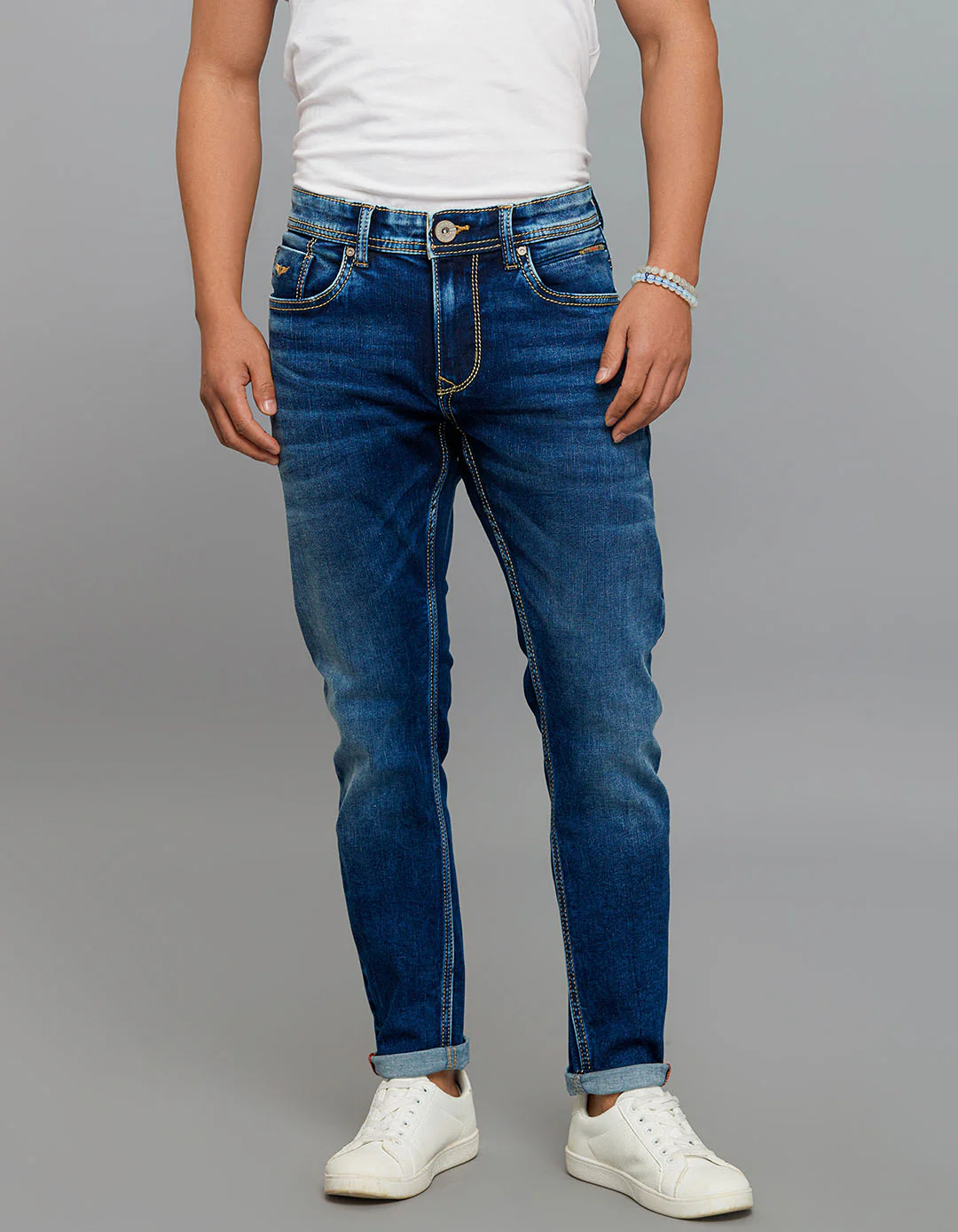 Medium Blue Low-Rise Tapered Ankle Length Stretch Jeans