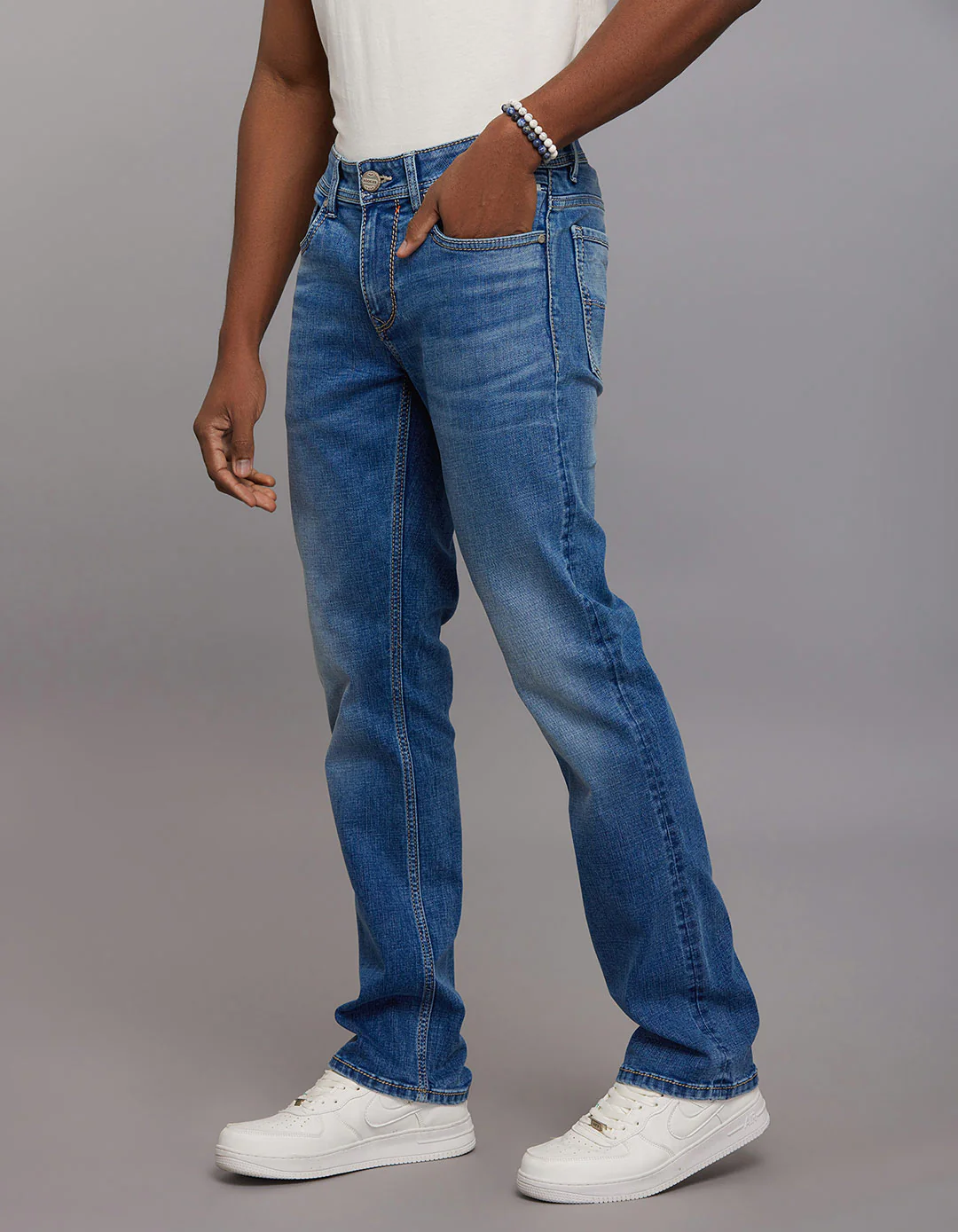 Medium Blue Mid Rise Loose Boot Leg Stretch Jeans - Image 3