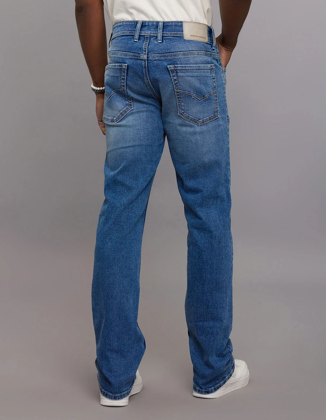 Medium Blue Mid Rise Loose Boot Leg Stretch Jeans - Image 5