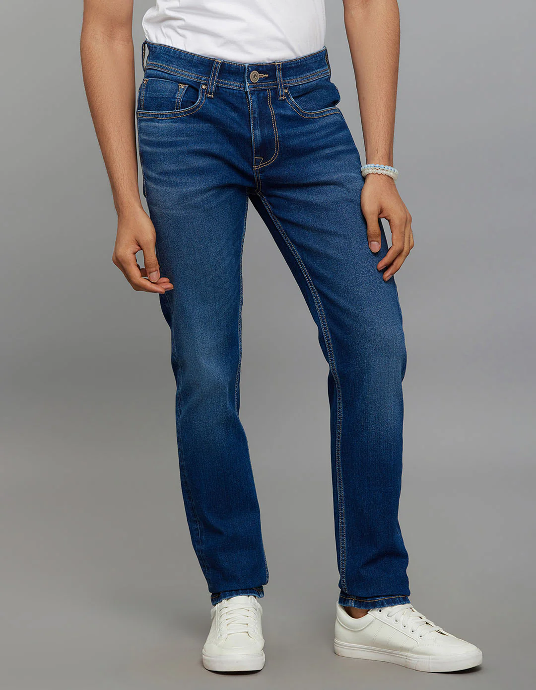 Medium Blue Mid-Rise Slim Straight Fit Classic Stretch Jeans