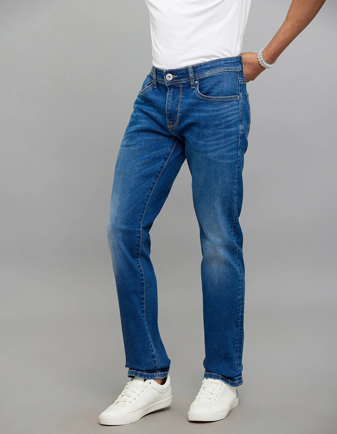 Medium Blue Mid-Rise Slim Straight Fit Classic Stretch Jeans - Image 3