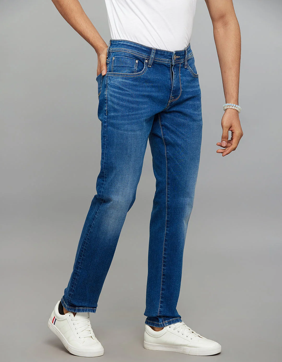 Medium Blue Mid-Rise Slim Straight Fit Classic Stretch Jeans - Image 4