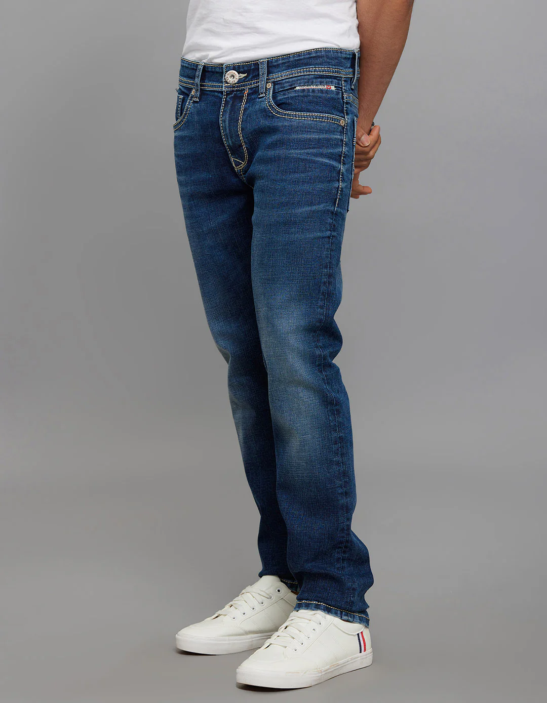 Medium Blue Mid-Rise Slim Straight Fit Stretch Jeans - Image 3