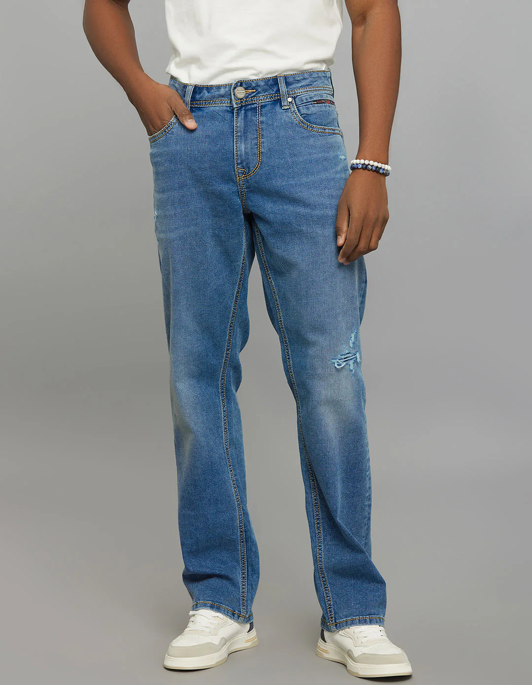 Medium Blue Midrise, Comfort And Straight Fit Stretch Jeans