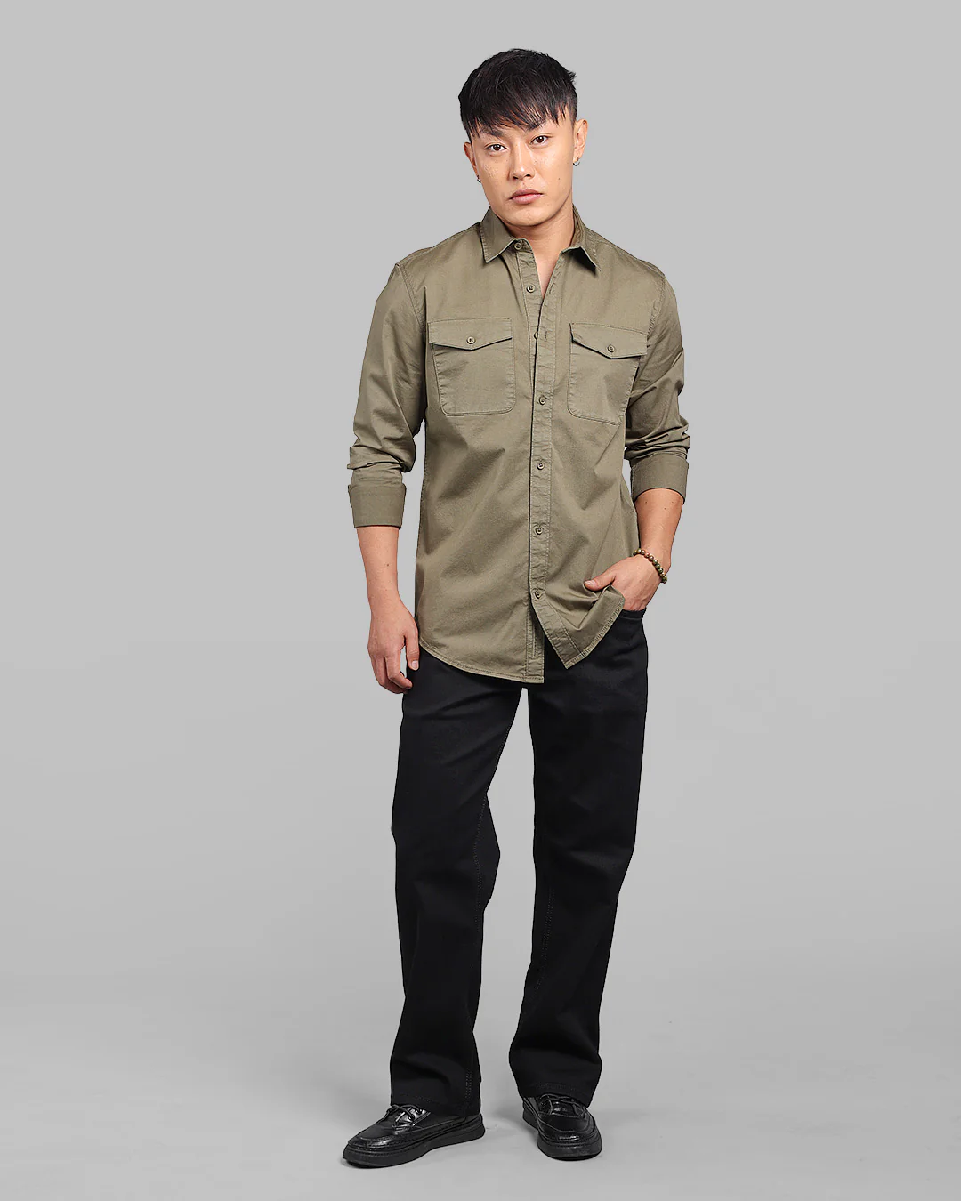 Military Green Full Sleeve Stretch Cargo Shirt - Image 2