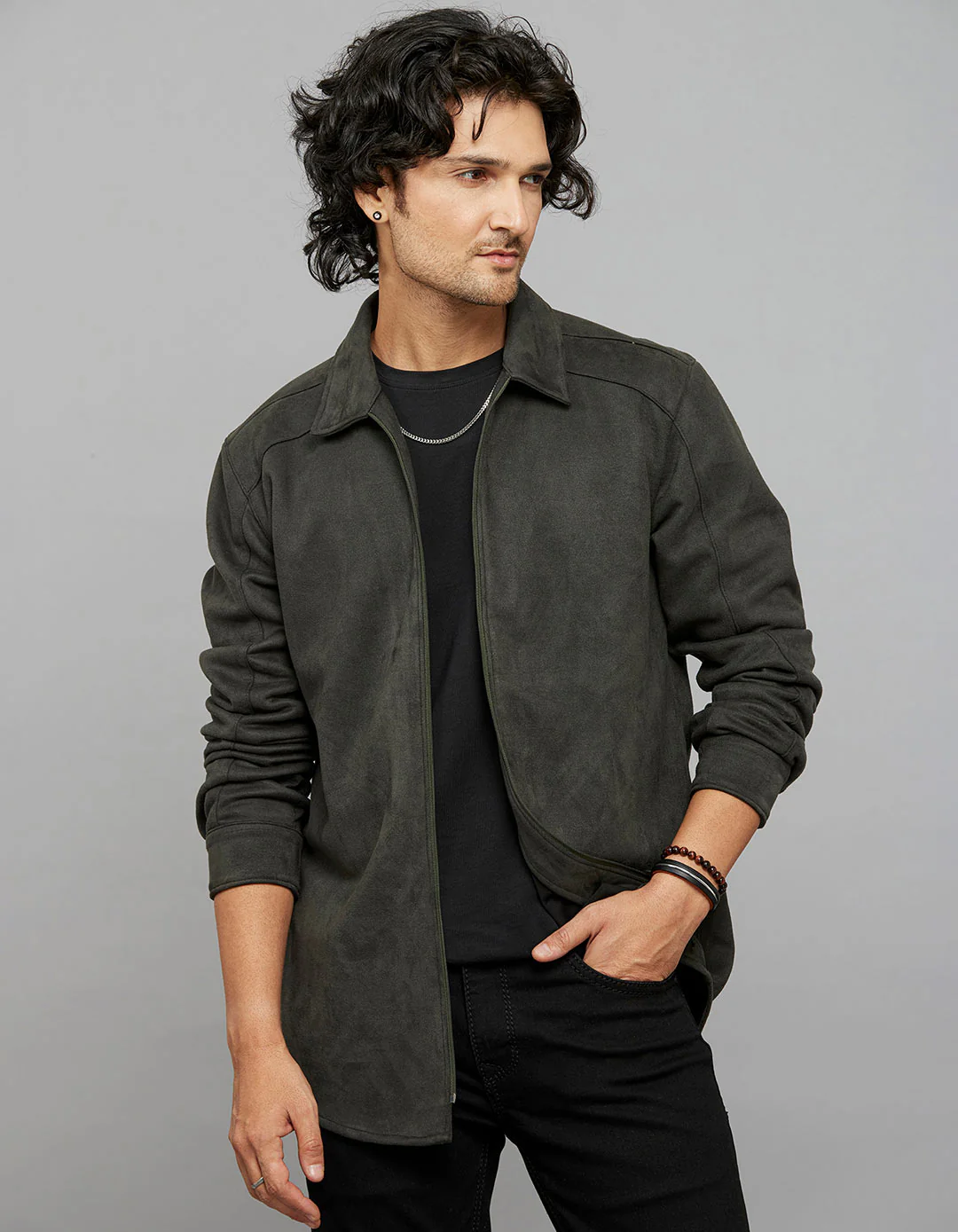 Military Green Full Sleeves Zipper Front Closure Suede Shacket