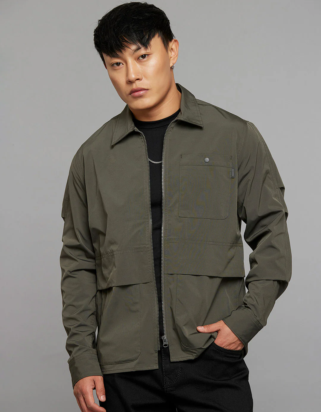 Military Green Full Sleeves Zipper Front Closure Shacket