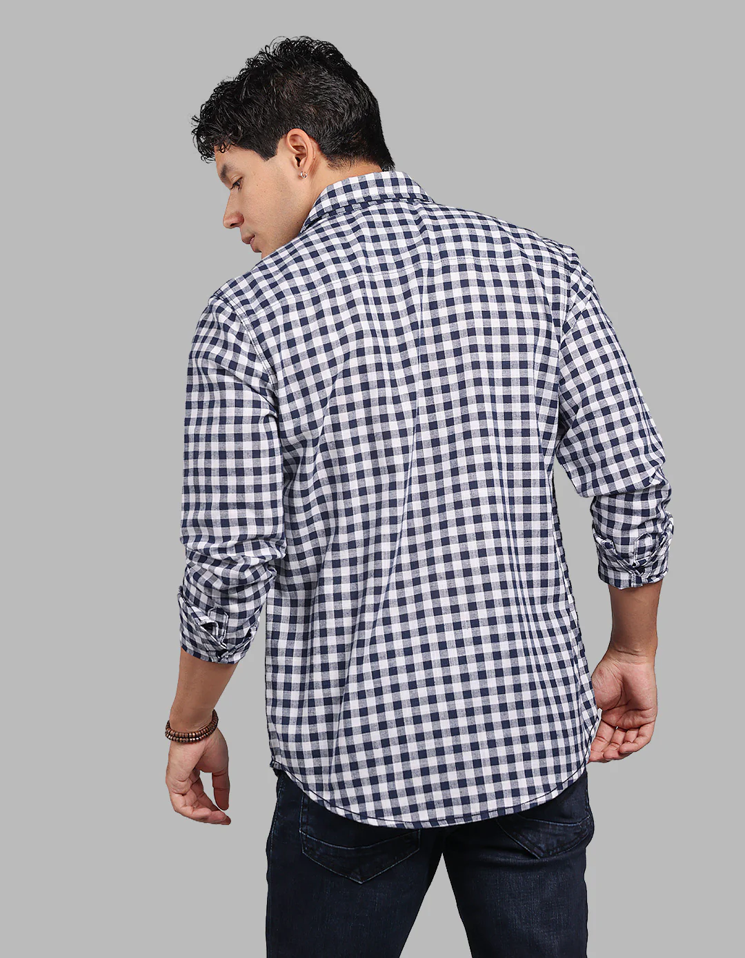 Navy Full Sleeve Linen Blend Check Shirt - Image 5