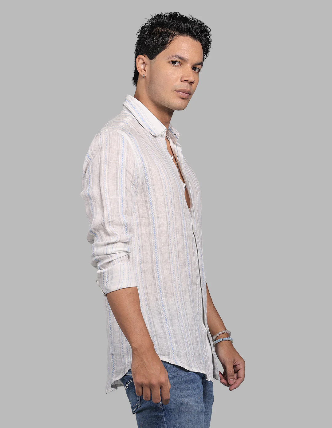 Off White Grey Full Sleeve Linen Blend Stripe Shirt - Image 4