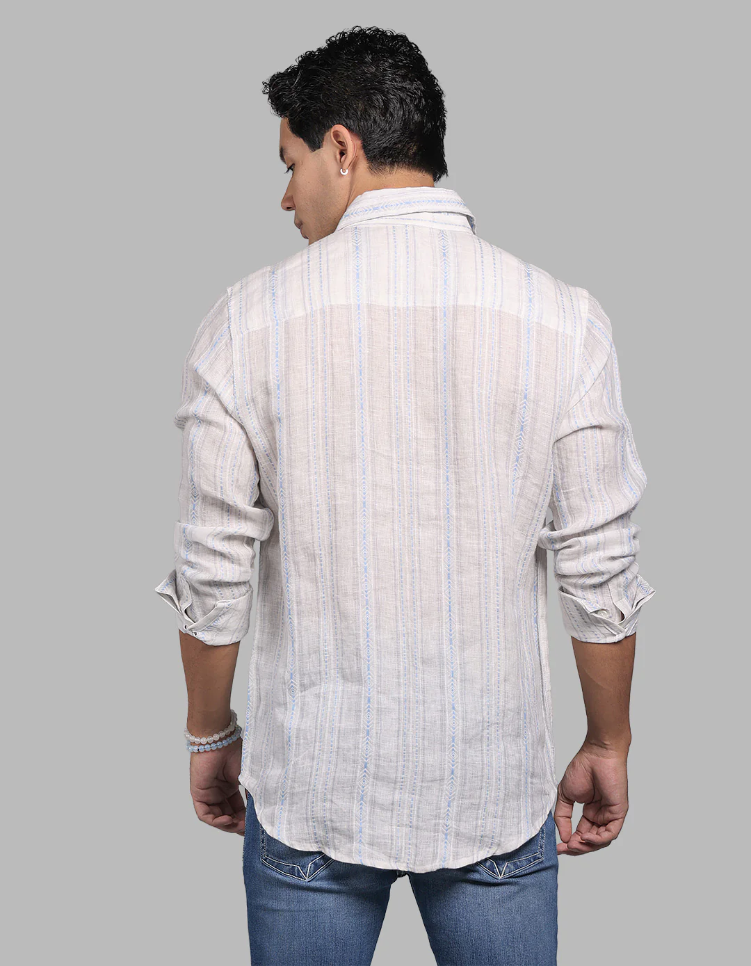 Off White Grey Full Sleeve Linen Blend Stripe Shirt - Image 5