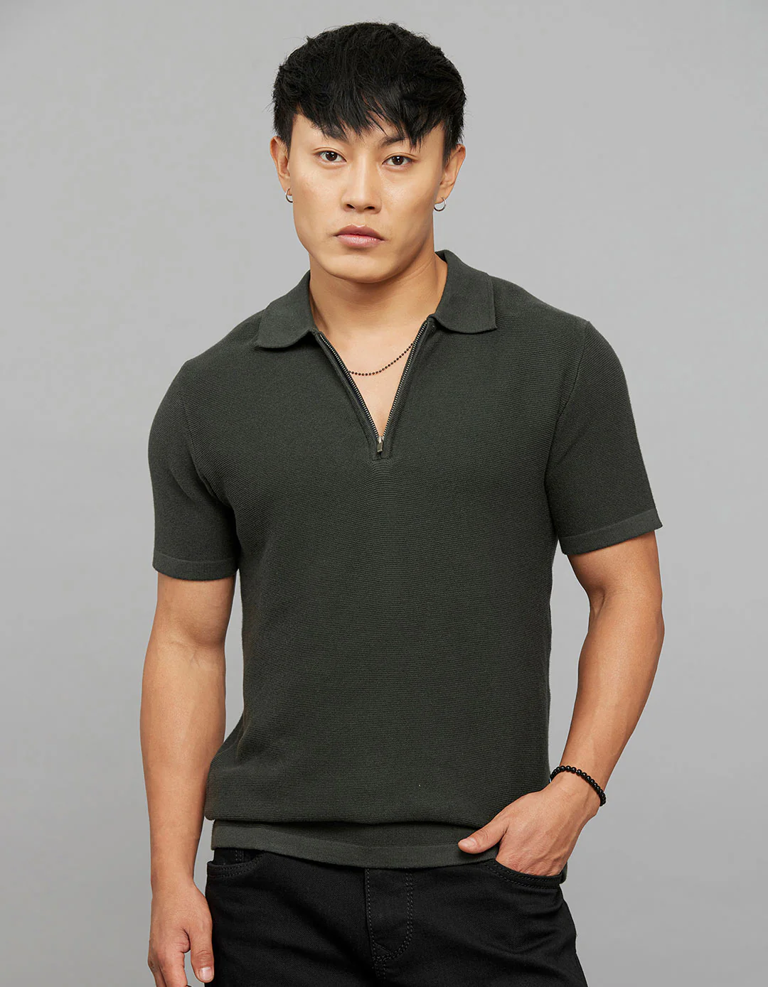 Off White Polo Neck Half Sleeves Flatknit Half Button Front