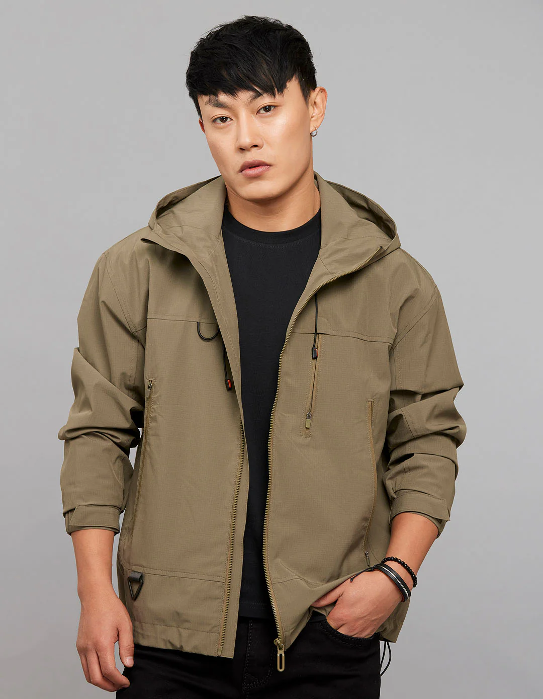 Olive Zipper Front Closure Long Sleeves Utility Jacket