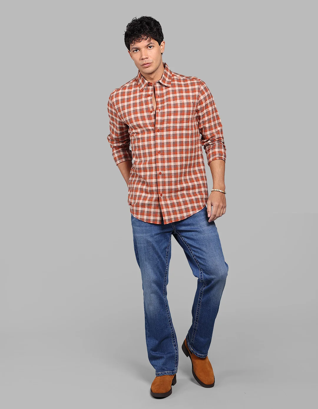 Rust Full Sleeve Linen Blend Check Shirt - Image 2