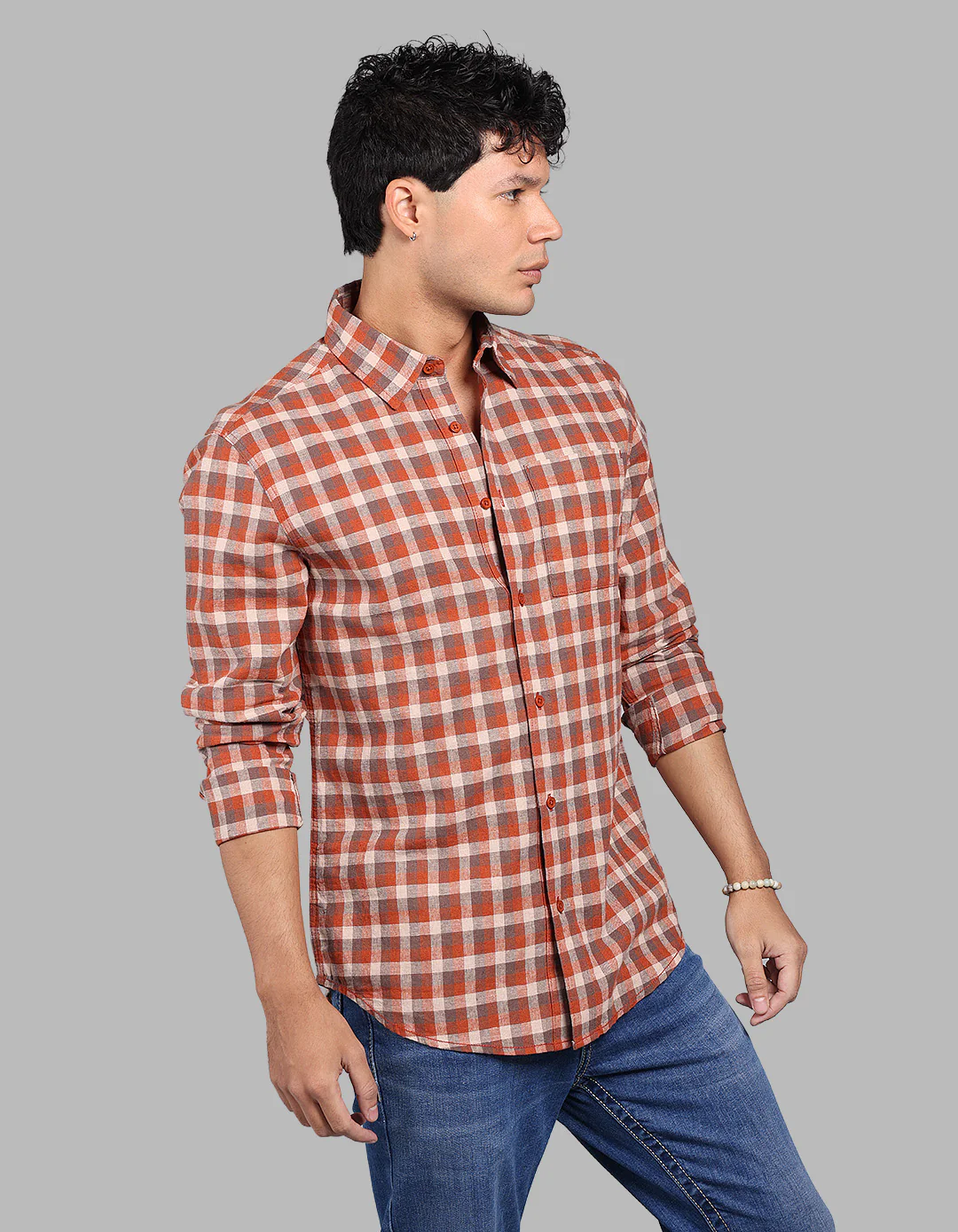 Rust Full Sleeve Linen Blend Check Shirt - Image 4