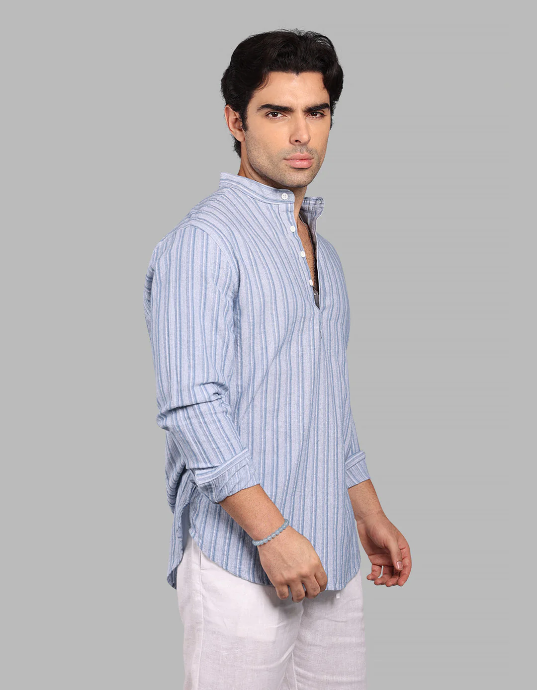 Sky Blue Relax Slim Fit Stripe Short Kurta - Image 4