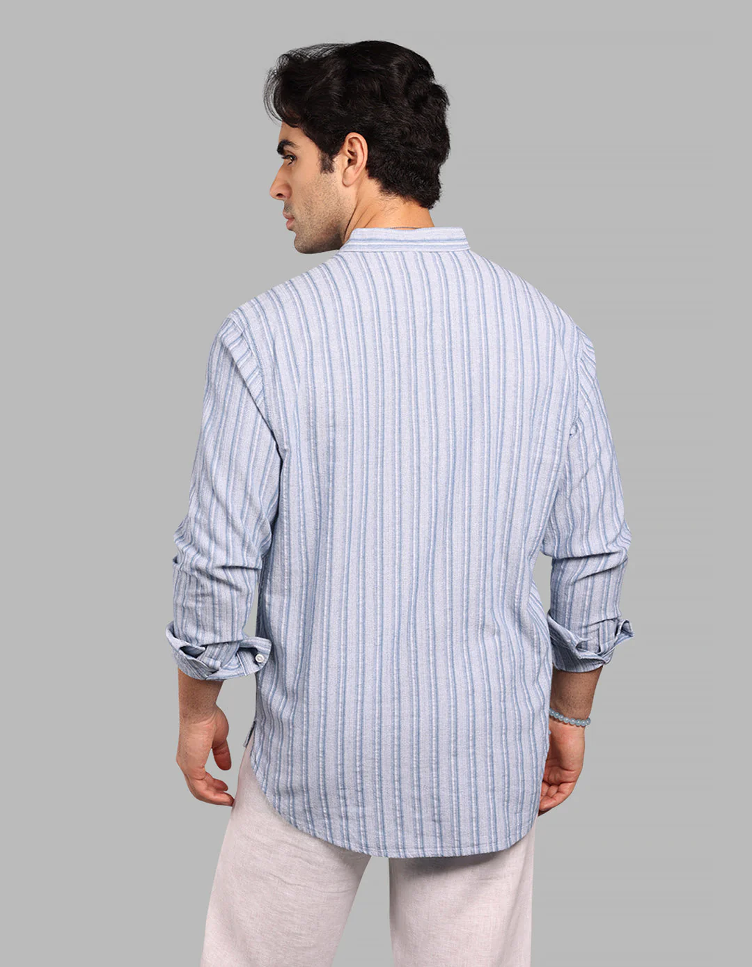 Sky Blue Relax Slim Fit Stripe Short Kurta - Image 5