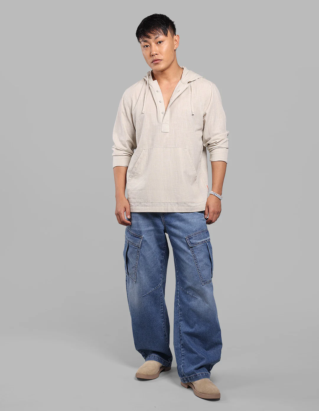 Stone 100% Cotton Full Sleeve Oversized Solid Shirt - Image 2