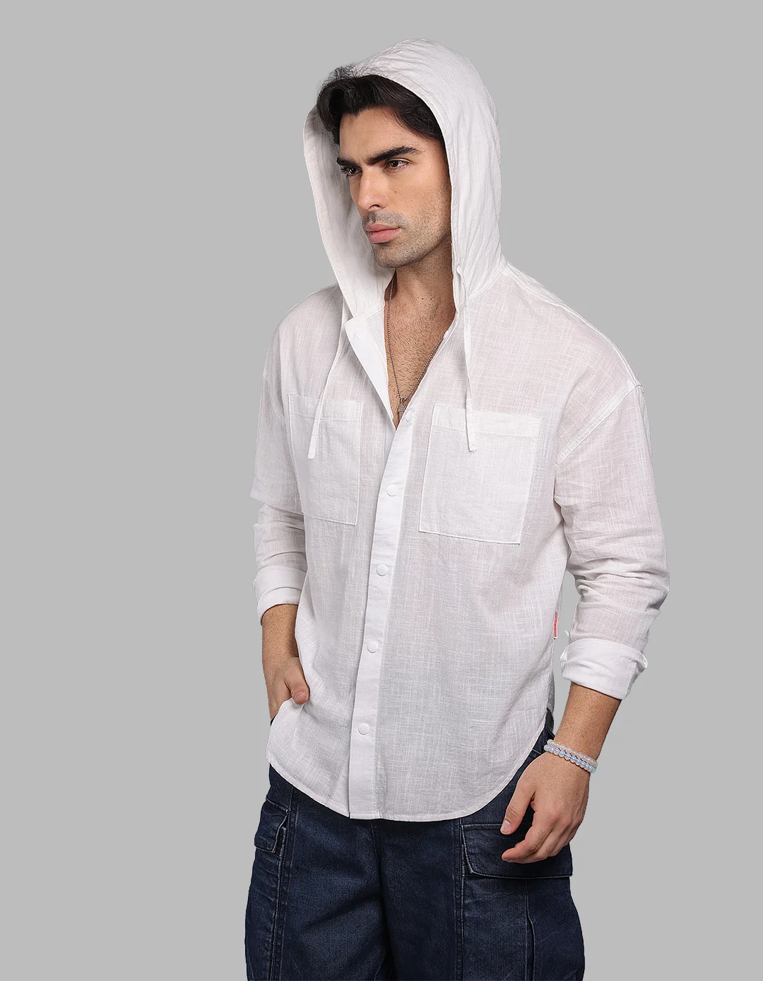 White 100% Cotton Full Sleeve Oversized Solid Shirt - Image 2
