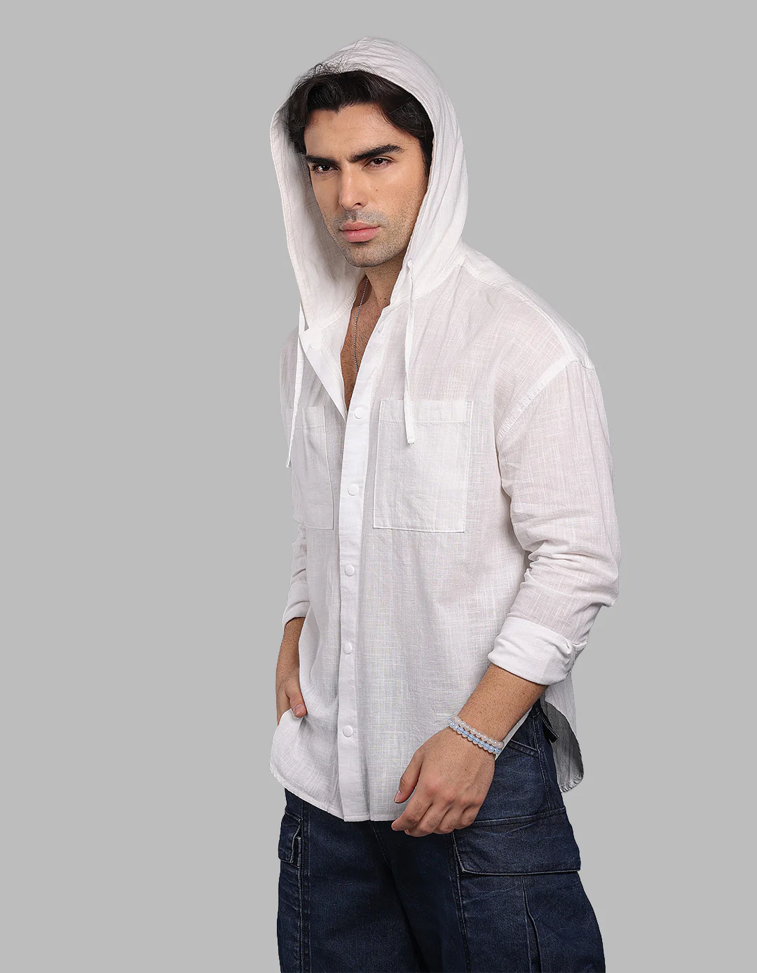 White 100% Cotton Full Sleeve Oversized Solid Shirt - Image 3
