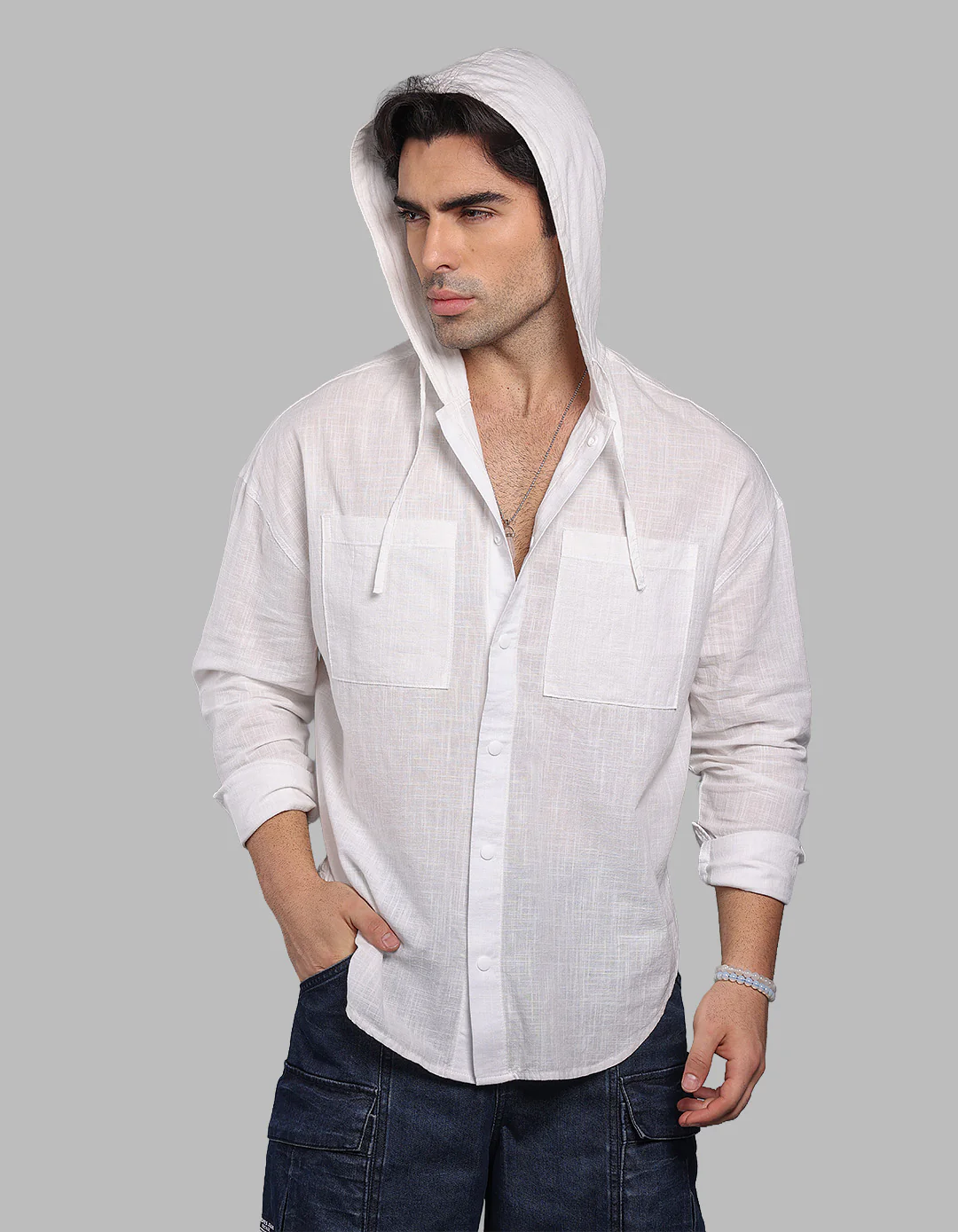 White 100% Cotton Full Sleeve Oversized Solid Shirt - Image 4