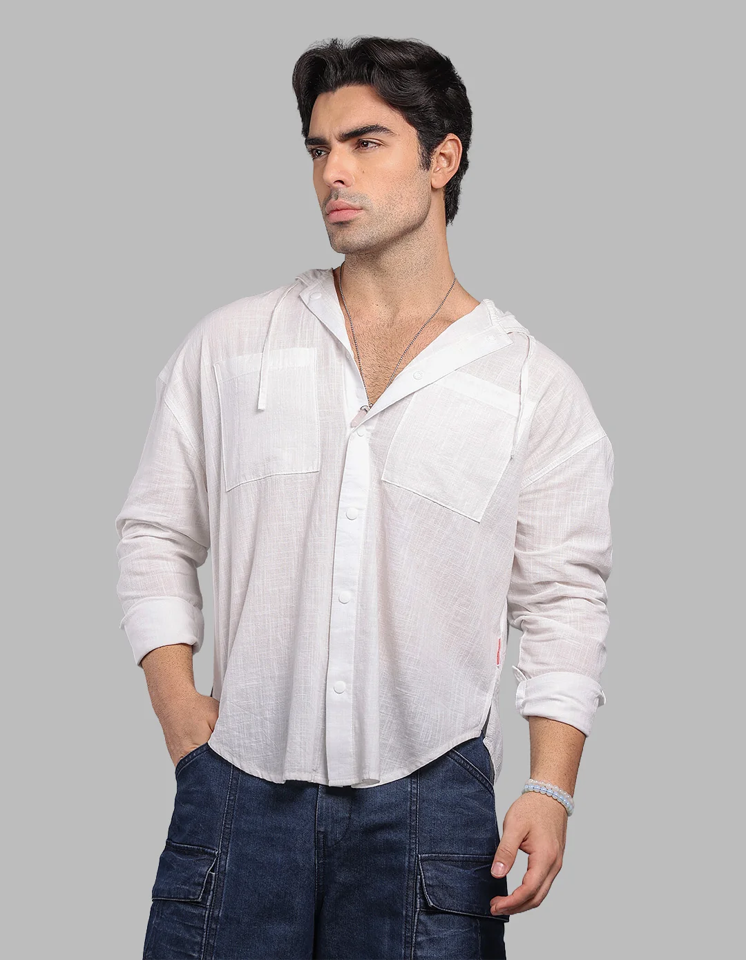 White 100% Cotton Full Sleeve Oversized Solid Shirt - Image 7