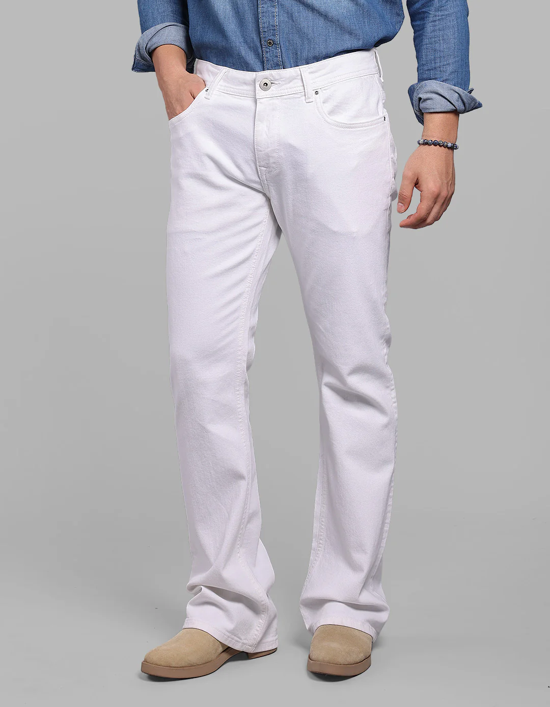 White Mid Rise Loose Boot Leg Stretch Jeans