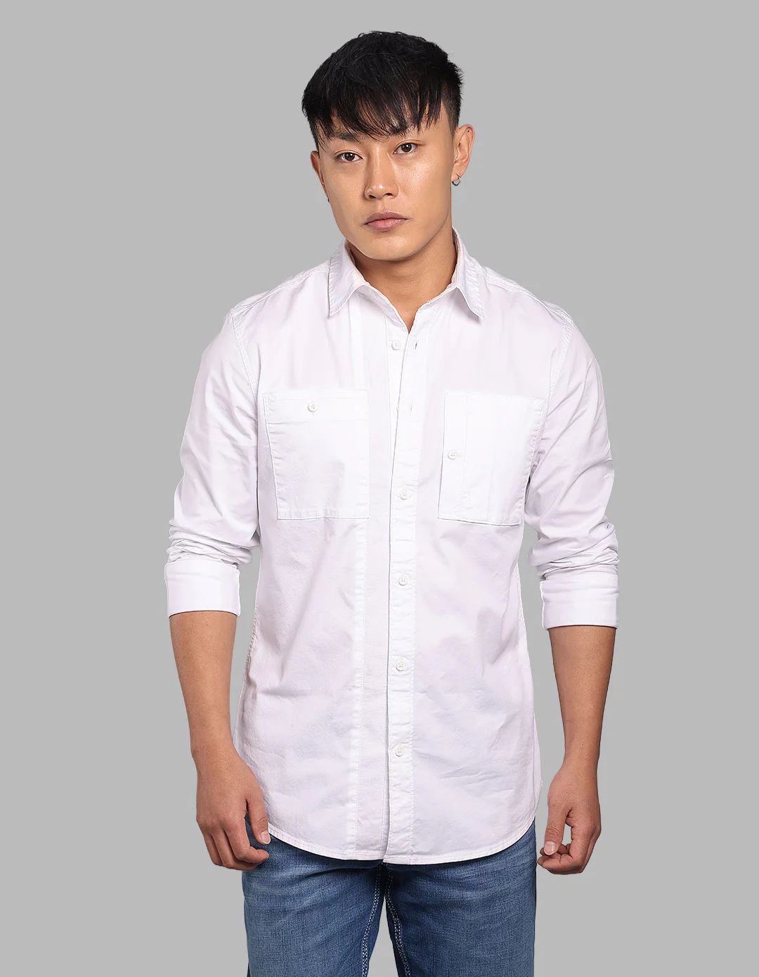 White Full Sleeve Stretch Cargo Shirt