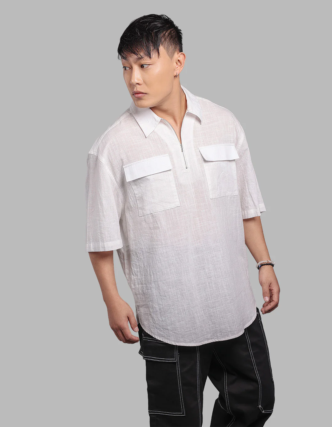 White 100% Cotton Half Sleeve Oversized Solid Shirt - Image 4