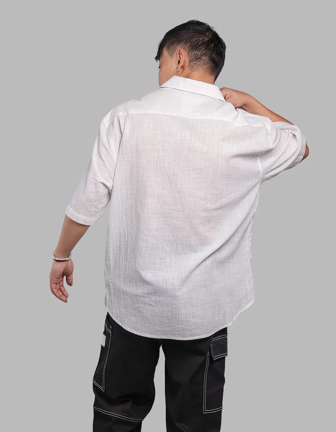 White 100% Cotton Half Sleeve Oversized Solid Shirt - Image 5