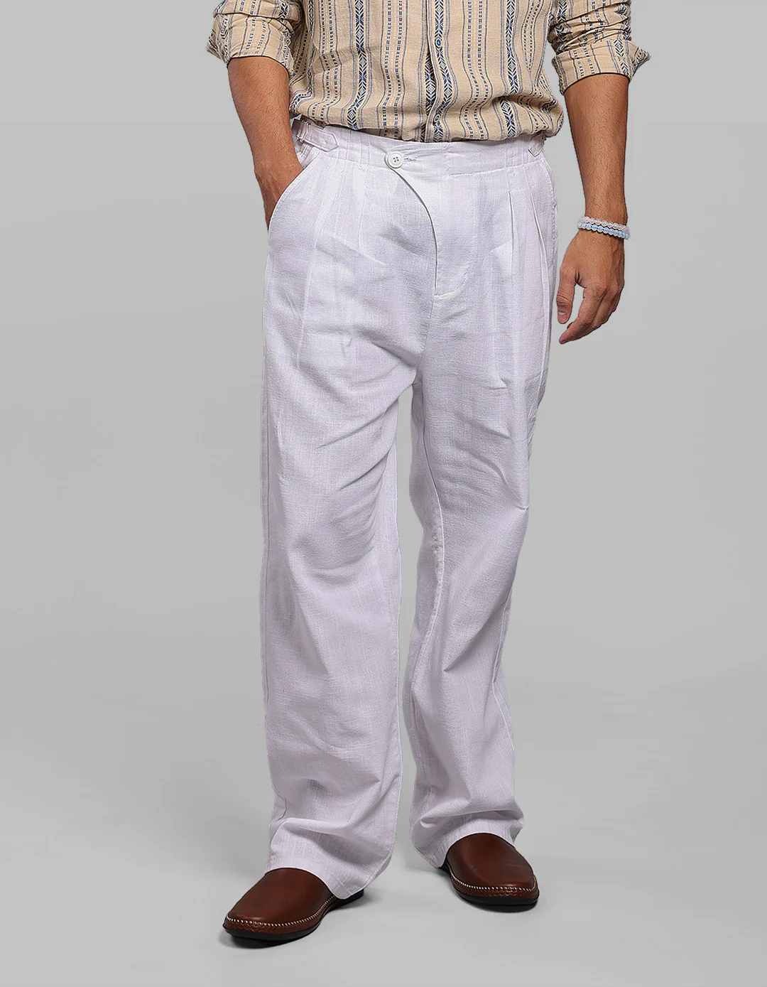 White Pleated Korean Fit Cotton Pants - Image 3