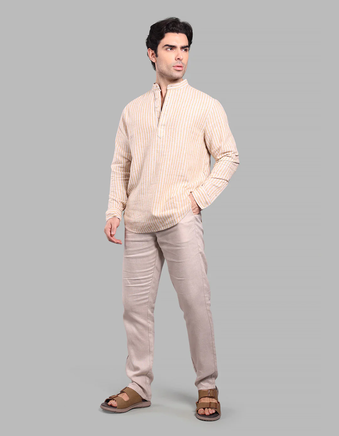 Yellow  Relax Slim Fit Linen Blend Short Kurta - Image 2
